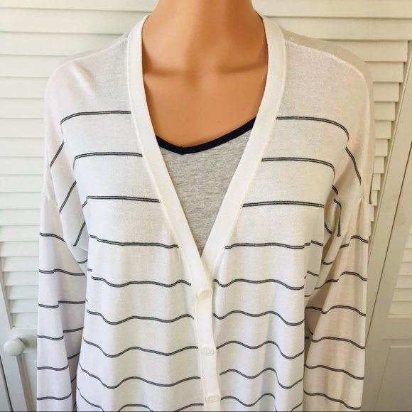 EILEEN FISHER White Black Striped V-Neck Boxy Lightweight Cardigan Size Medium - Picture 4 of 9